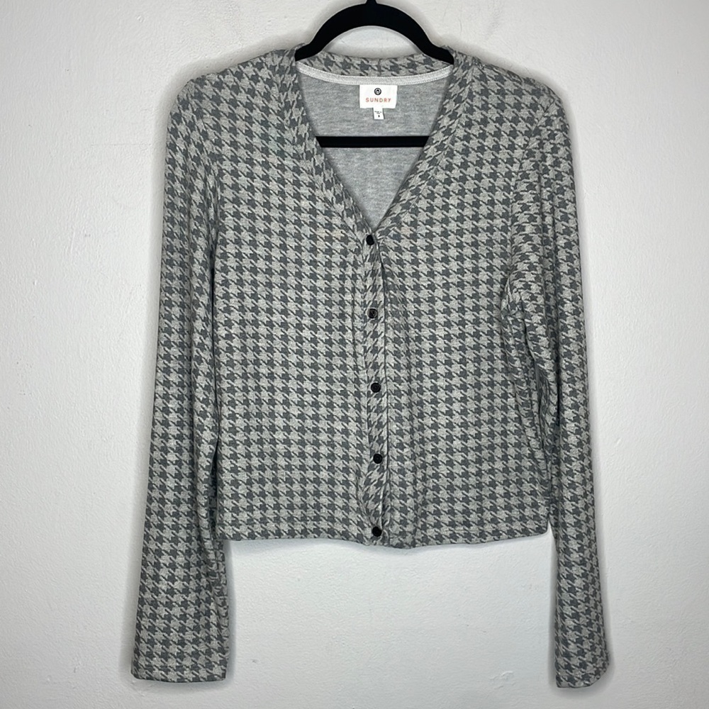 Sundry | Women’s Soft Grey Houndstooth Cardigan Size Large